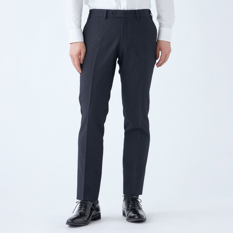 ブラックライン 【SLIM TAPERED_2】【秋冬】2釦シングルスリーピーススーツ 0タック/ネイビー×ドビー/ウエストシャーリング/4S SUSTAINABILITY&ECOLOGY FABRIC/※パンツ裾上げ済仕様 紺濃色