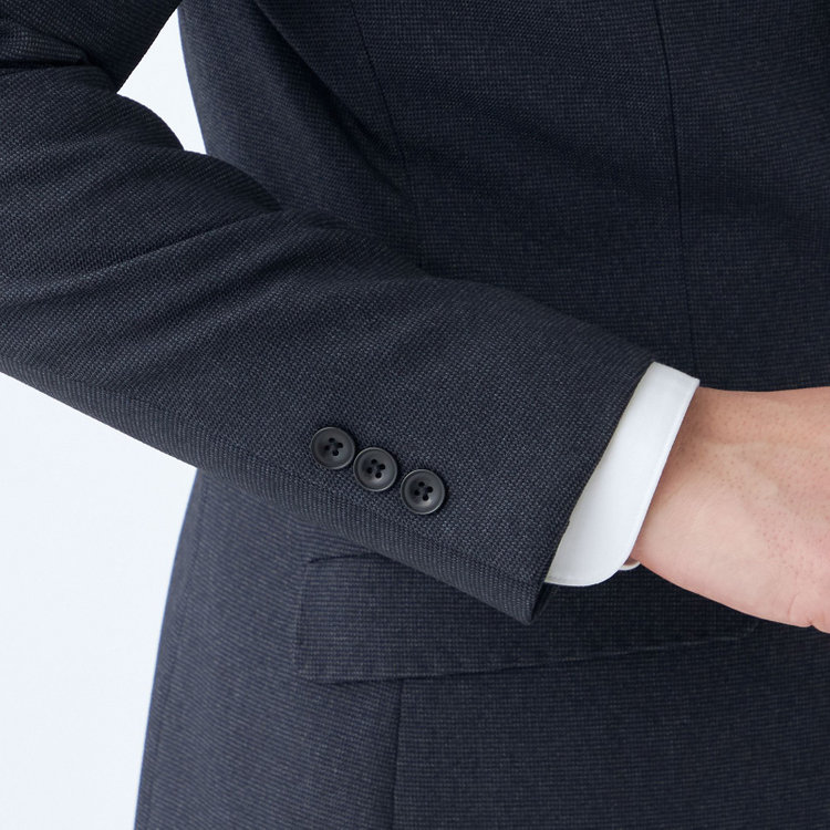 ブラックライン 【SLIM TAPERED_2】【秋冬】2釦シングルスリーピーススーツ 0タック/ネイビー×ドビー/ウエストシャーリング/4S SUSTAINABILITY&ECOLOGY FABRIC/※パンツ裾上げ済仕様 紺濃色