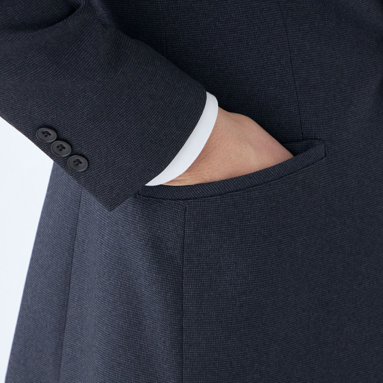 ブラックライン 【SLIM TAPERED_2】【秋冬】2釦シングルスリーピーススーツ 0タック/ネイビー×ドビー/ウエストシャーリング/4S SUSTAINABILITY&ECOLOGY FABRIC/※パンツ裾上げ済仕様 紺濃色