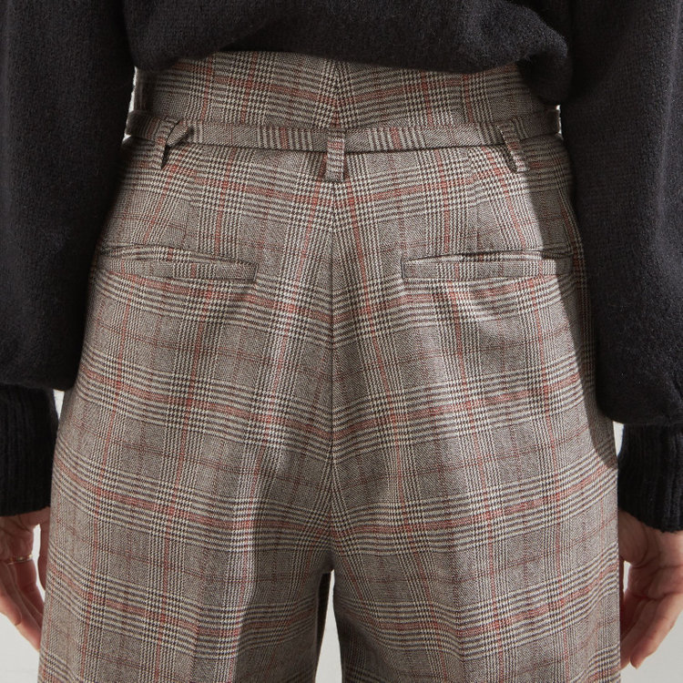 シルバーライン 【SILVER LINE】【秋冬】共生地ベルト付きワイドパンツ/ブラウン×チェック/裾上げ済仕様 茶中間