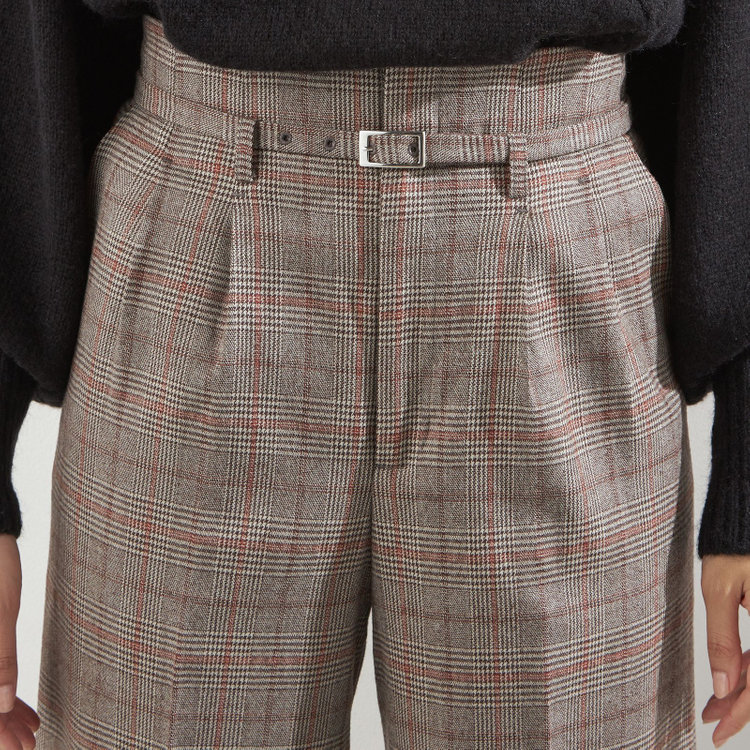 シルバーライン 【SILVER LINE】【秋冬】共生地ベルト付きワイドパンツ/ブラウン×チェック/裾上げ済仕様 茶中間