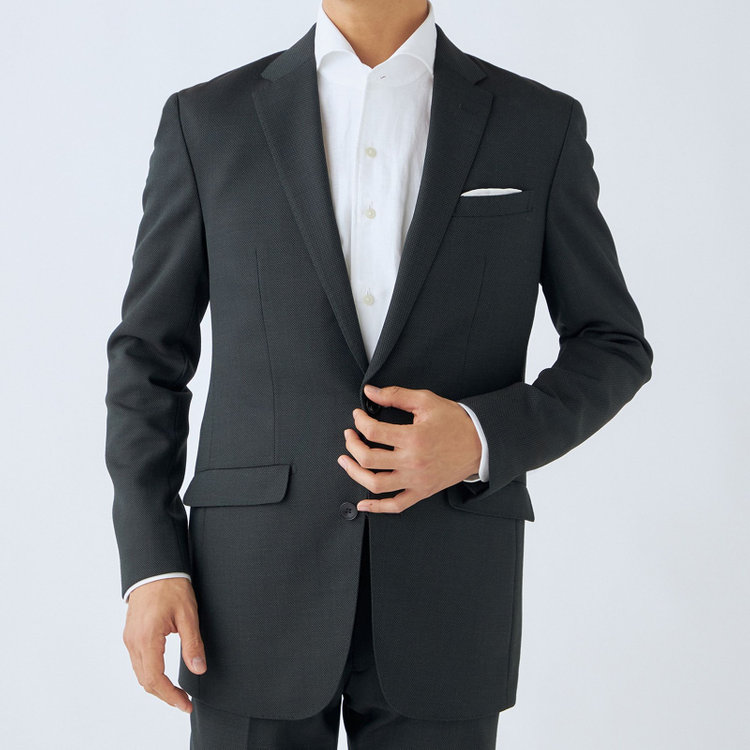 ブラックライン 【SLIM TAPERED_2】【秋冬】2釦シングルスーツ 0タック/カーキ×バーズアイ/ウエストシャーリング/4S SUSTAINABILITY&ECOLOGY FABRIC/※パンツ裾上げ済仕様 黄淡色