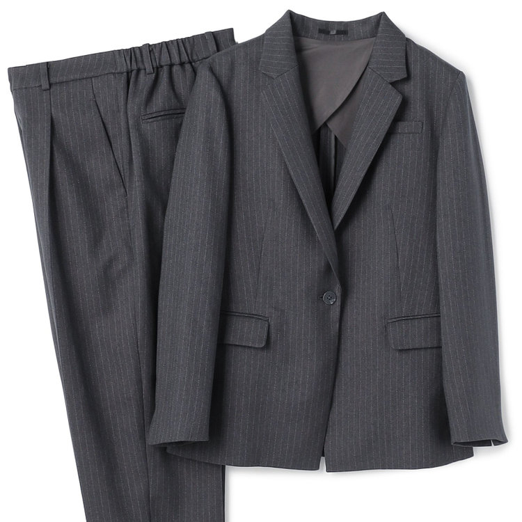 シルバーライン 【SILVER LINE】【年間】1釦シングルパンツスーツ/グレー×ストライプ/ウエストシャーリング/ウォッシャブル/※パンツ裾上げ済仕様 グレー中間