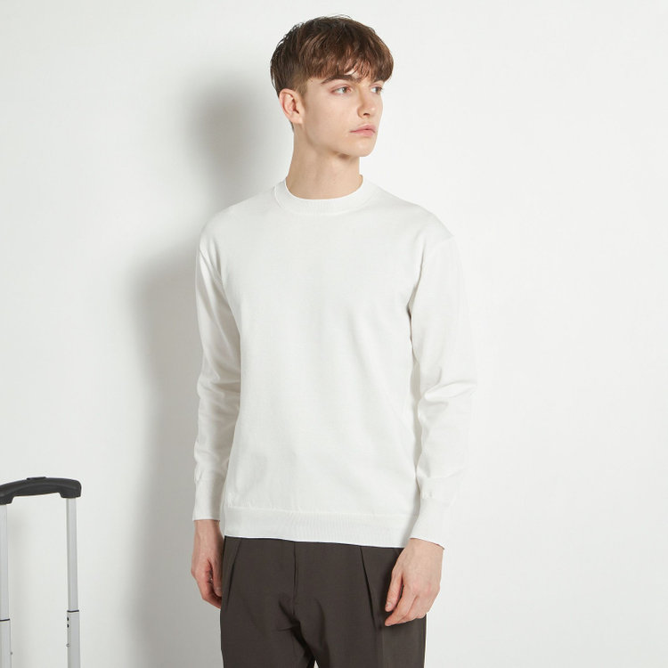 【RBC】コットンブレンドクルーネックニット/ホワイト/マシンウォッシャブル/「UVカット」「接触冷感」
