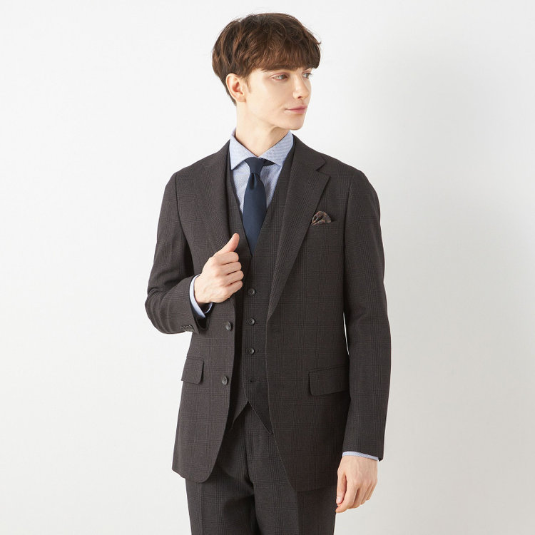 シルバーライン 【CLASSICO TAPERED】【秋冬】2釦シングルスリーピーススーツ 1タックテーパードパンツ/ブラウン×チェック/ウエストムーブ/4S SUSTAINABILITY&ECOLOGY FABRIC/※パンツ裾上げ済仕様 茶中間