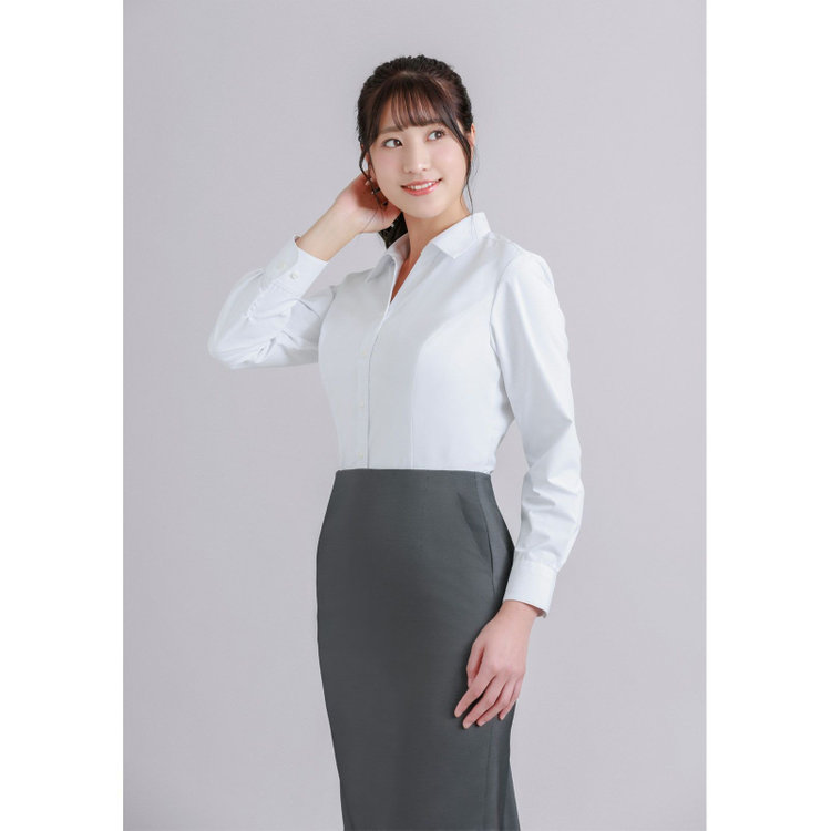 スーツセレクト 【SUIT SELECT×overE/長袖】スキッパーカラーブラウス/ホワイト/形態安定 ホワイト系(白)