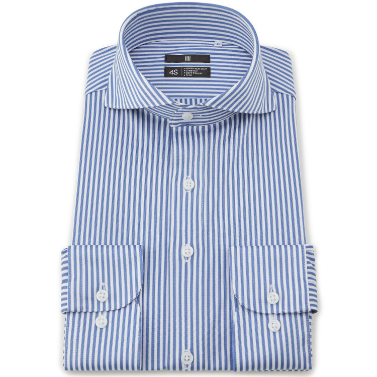 ブラックライン 【発送在庫あり】【WEB限定】【BLACK LINE】ホリゾンタルワイドワイシャツ/ネイビー＆ホワイト×ストライプ/「4S」スーパーノンアイロン・ストレッチ 白