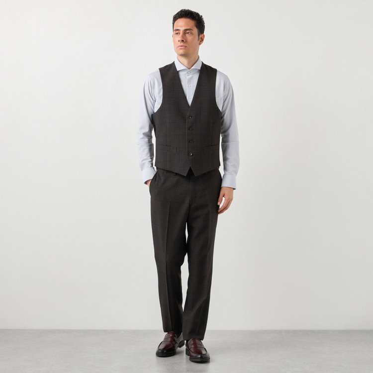 ブラックライン 【SLIM TAPERED】【秋冬】2釦シングルスリーピーススーツ 0タック/ブラウン×グレンチェック /ウエストムーブ/4S TAKE OUT SUITS / ※パンツ裾上げ済仕様 茶濃色