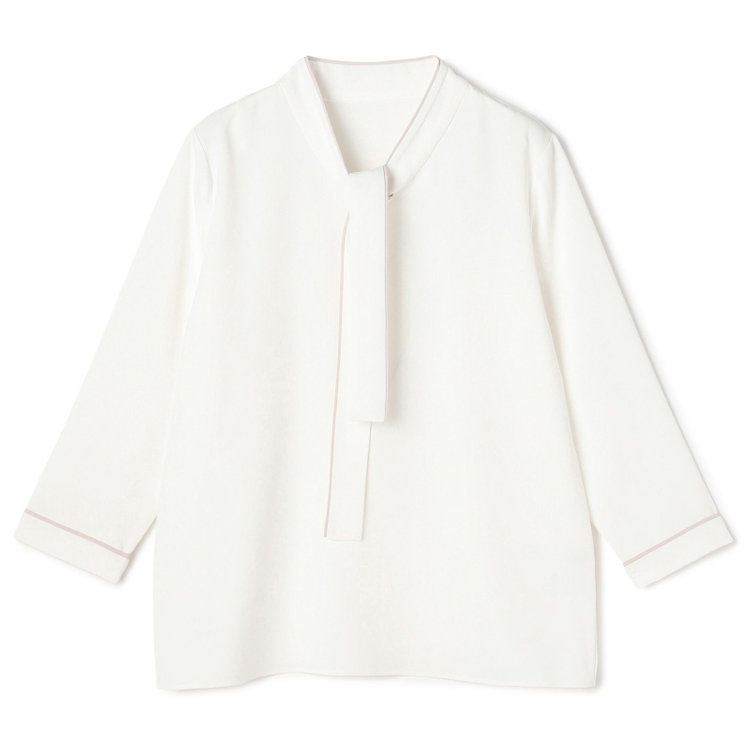 シルバーライン 【SILVER LINE/7分袖】配色ボウタイプルオーバー/ホワイト+ベージュ/「ウォッシャブル」「ストレッチ」「防シワ」「UV加工」「静電気防止」 白