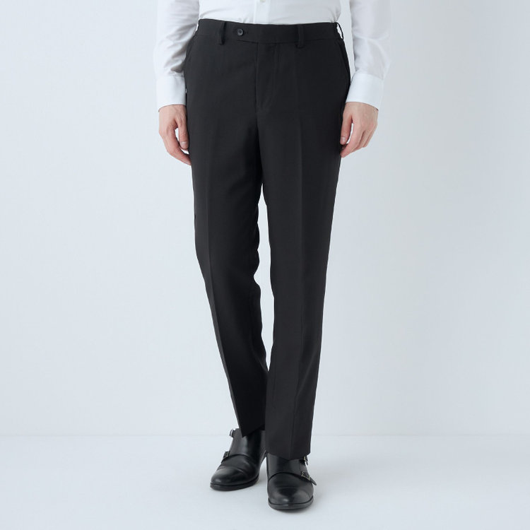 ブラックライン 【WEB限定】【発送在庫あり】【SLIM TAPERED】【年間】ウォッシャブル0タックテーパードパンツ/ブラック/ウエストシャーリング/裾上げ済仕様 黒