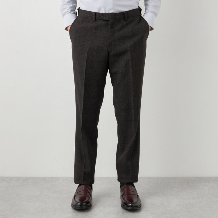 ブラックライン 【SLIM TAPERED】【秋冬】2釦シングルスリーピーススーツ 0タック/ブラウン×グレンチェック /ウエストムーブ/4S TAKE OUT SUITS / ※パンツ裾上げ済仕様 茶濃色