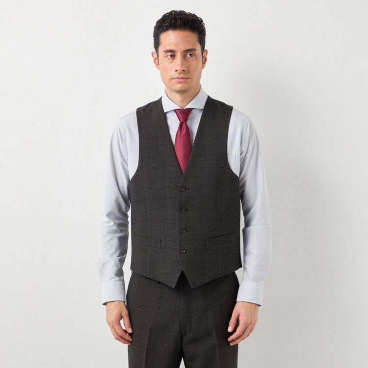 ブラックライン 【SLIM TAPERED】【秋冬】2釦シングルスリーピーススーツ 0タック/ブラウン×グレンチェック /ウエストムーブ/4S TAKE OUT SUITS / ※パンツ裾上げ済仕様 茶濃色