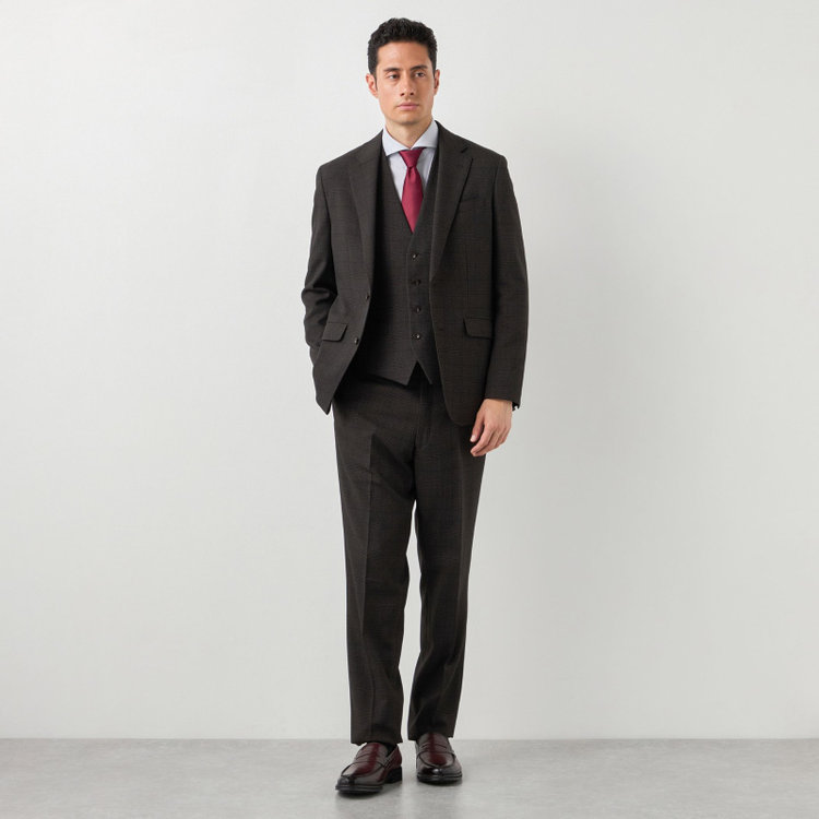 ブラックライン 【SLIM TAPERED】【秋冬】2釦シングルスリーピーススーツ 0タック/ブラウン×グレンチェック /ウエストムーブ/4S TAKE OUT SUITS / ※パンツ裾上げ済仕様 茶濃色