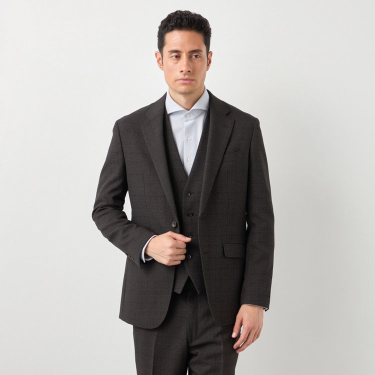 ブラックライン 【SLIM TAPERED】【秋冬】2釦シングルスリーピーススーツ 0タック/ブラウン×グレンチェック /ウエストムーブ/4S TAKE OUT SUITS / ※パンツ裾上げ済仕様 茶濃色