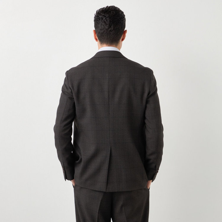 ブラックライン 【SLIM TAPERED】【秋冬】2釦シングルスリーピーススーツ 0タック/ブラウン×グレンチェック /ウエストムーブ/4S TAKE OUT SUITS / ※パンツ裾上げ済仕様 茶濃色