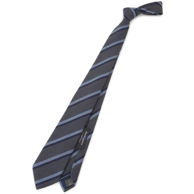 【BLACK LINE】シルクブレンド ストライプ柄ネクタイ 7.5cm幅 / グレー×ブルー