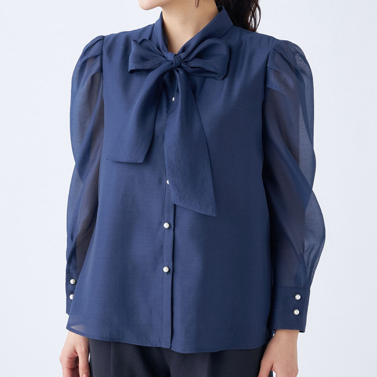 スーツセレクト 【Lady Like BLOUSE】【長袖】ボウタイブラウス/ネイビー 紺中間