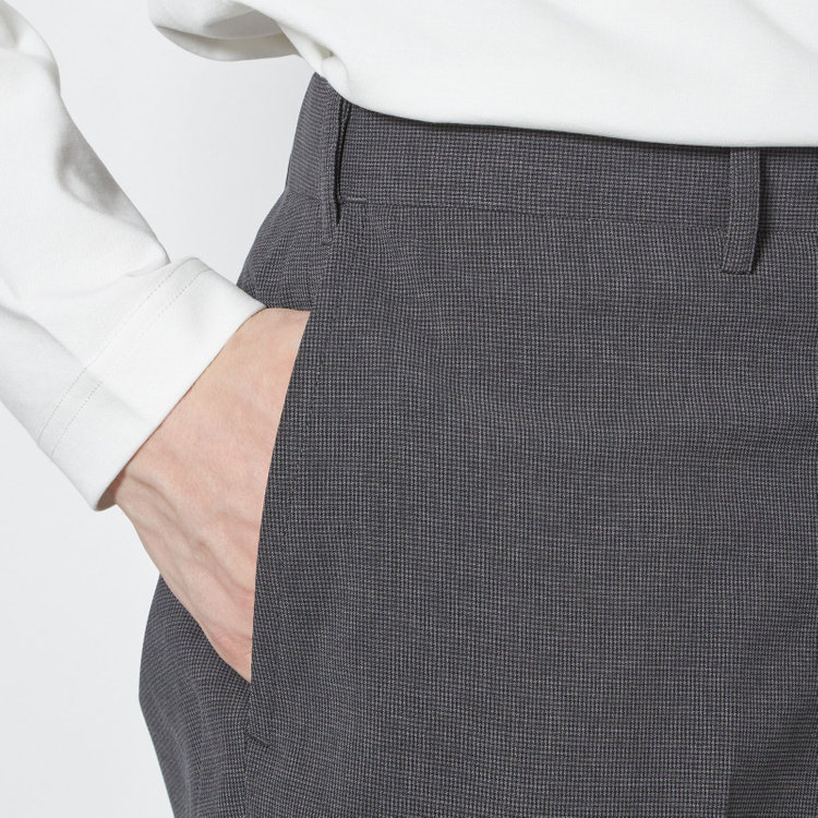 ブラックライン 【SLIM TAPERED】【春夏】0タックテーパードパンツ/グレー×ハウンドトゥース/ウエストムーブ/4S SUSTAINABILITY&ECOLOGY FABRIC「ウォッシャブル」「ストレッチ」/※裾上げ済み仕様 グレー中間