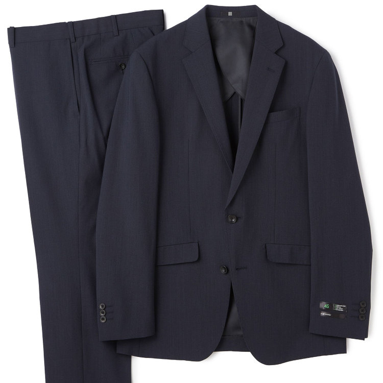 【SLIM TAPERED_2】【春夏】2釦シングルスーツ 0タック/ネイビー×ヘアラインストライプ/ウエストシャーリング/4S SUSTAINABILITY&ECOLOGY FABRIC/ウォッシャブル/※パンツ裾上げ済仕様