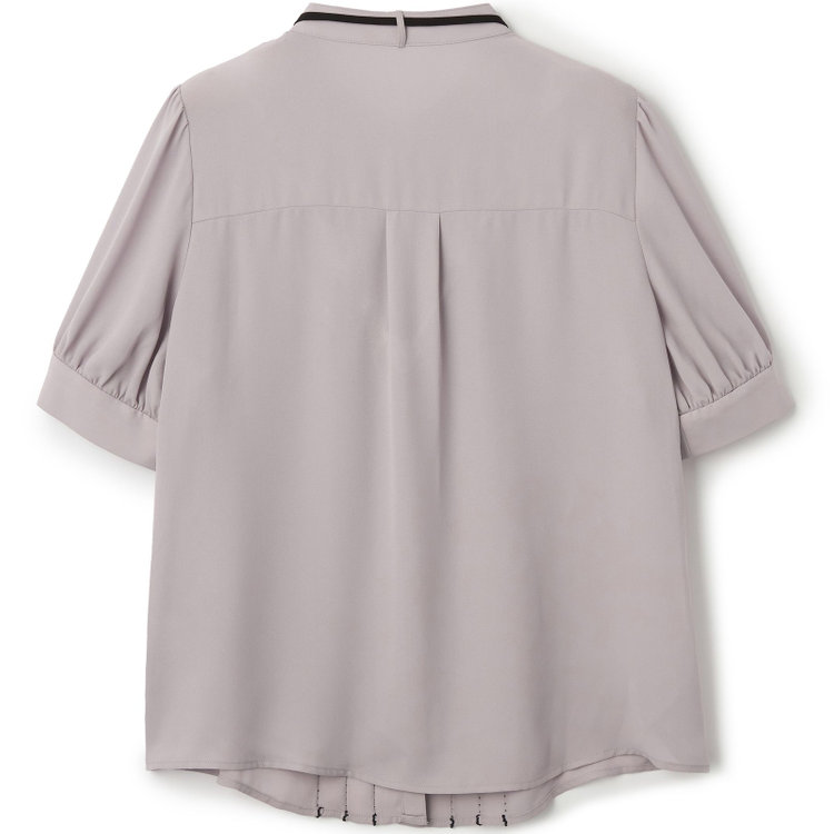 スーツセレクト 【半袖】リボン付きバンドカラーブラウス/ラベンダー 紫淡色