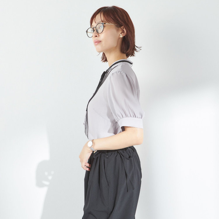 スーツセレクト 【半袖】リボン付きバンドカラーブラウス/ラベンダー 紫淡色