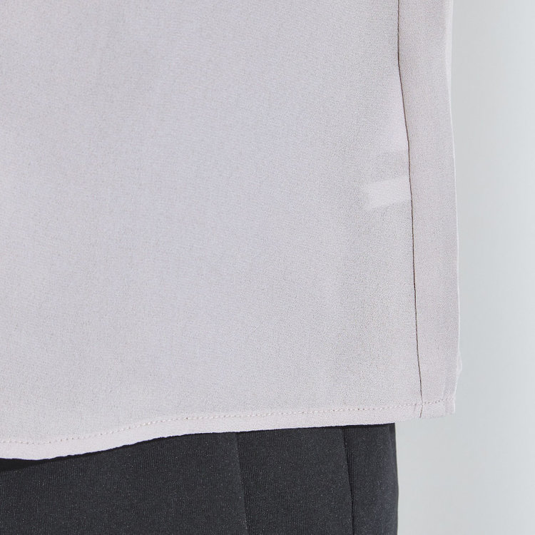 スーツセレクト 【半袖】リボン付きバンドカラーブラウス/ラベンダー 紫淡色