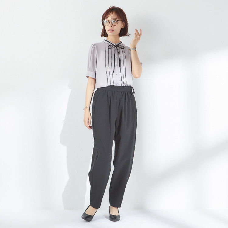 スーツセレクト 【半袖】リボン付きバンドカラーブラウス/ラベンダー 紫淡色