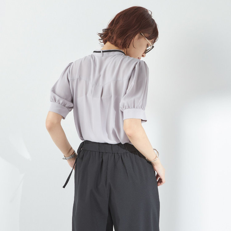 スーツセレクト 【半袖】リボン付きバンドカラーブラウス/ラベンダー 紫淡色