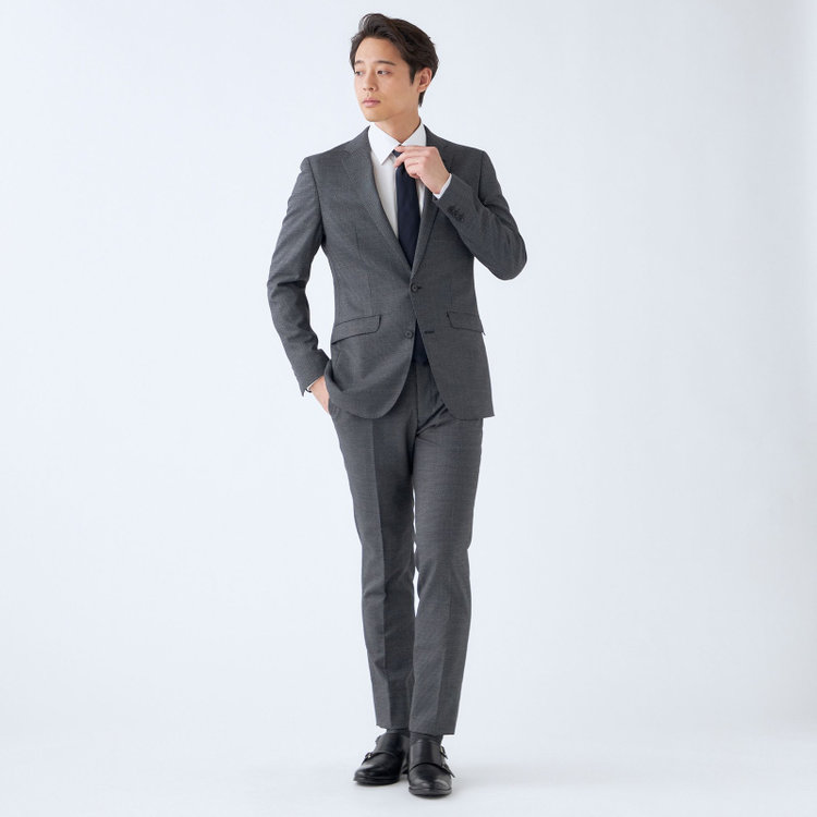 ブラックライン 【SLIM TAPERED_2】【秋冬】2釦シングルスーツ 0タック/グレー＆ブラック×ハウンドトゥース/ウエストシャーリング/4S SUSTAINABILITY&ECOLOGY FABRIC/※パンツ裾上げ済仕様 グレー中間