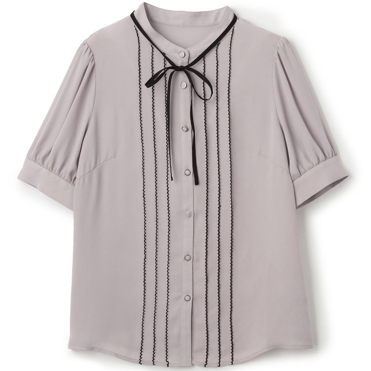 スーツセレクト 【半袖】リボン付きバンドカラーブラウス/ラベンダー 紫淡色