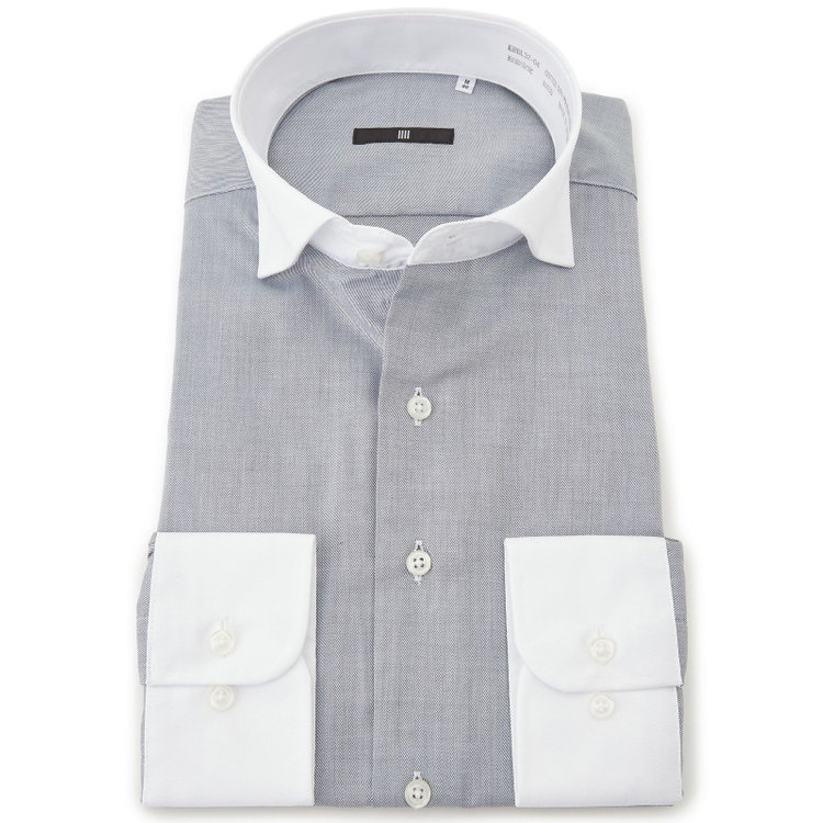 ブラックライン 【BLACK LINE】【形態安定】クレリックホリゾンタルワイドスナップダウンワイシャツ/襟袖口：ホワイト+グレー×ソリッド グレー中間