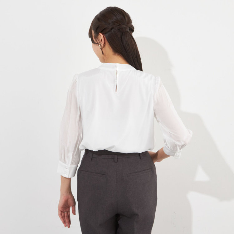 シルバーライン 【SILVER LINE/7分袖】ギャザーハイネックプルオーバー/ホワイト/「ウォッシャブル」「ストレッチ」「防シワ」「UV加工」「静電気防止」 白