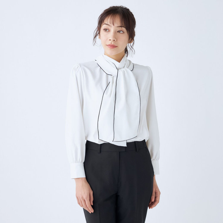 SUIT SELECT　アウトレット 【WEB限定/OUTLET/汚れ・キズ等有】【SUIT SELECT×Samantha Thavasa】【長袖】前後2WAYボウタイブラウス/ホワイト/「ウォッシャブル可能」「2WAYストレッチ」「防シワ」「UV加工」「接触冷感」「透け軽減」 白
