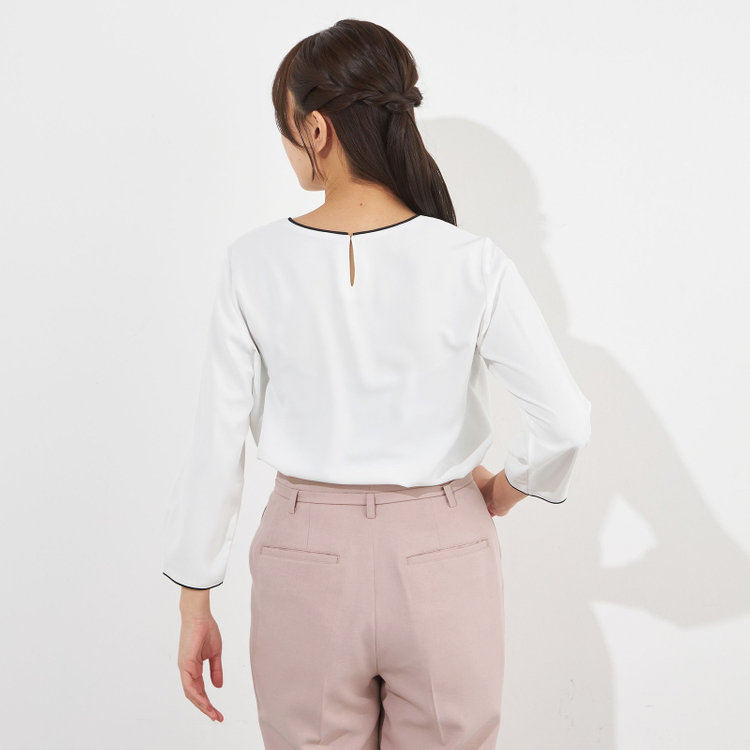 シルバーライン 【SILVER LINE/7分袖】配色クルーネックプルオーバー/ホワイト＋ブラック/「ウォッシャブル」「ストレッチ」「防シワ」「UV加工」「静電気防止」 白