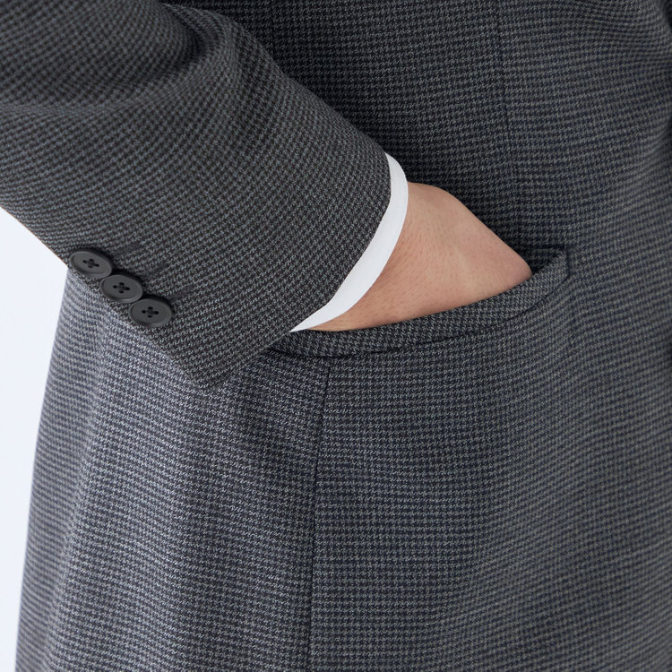 ブラックライン 【SLIM TAPERED_2】【秋冬】2釦シングルスーツ 0タック/グレー＆ブラック×ハウンドトゥース/ウエストシャーリング/4S SUSTAINABILITY&ECOLOGY FABRIC/※パンツ裾上げ済仕様 グレー中間