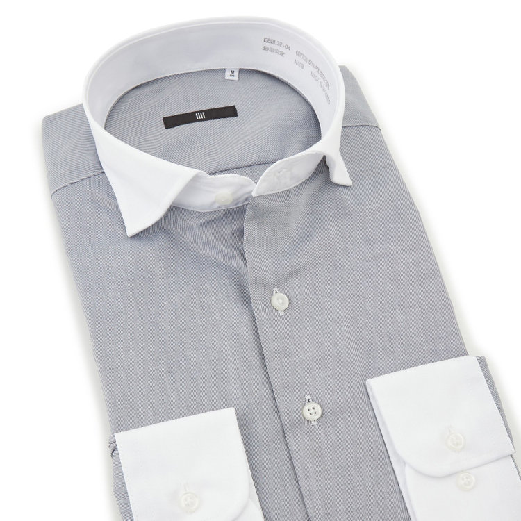 ブラックライン 【BLACK LINE】【形態安定】クレリックホリゾンタルワイドスナップダウンワイシャツ/襟袖口：ホワイト+グレー×ソリッド グレー中間