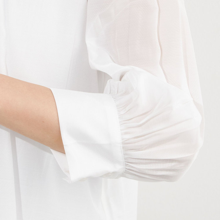 シルバーライン 【SILVER LINE/7分袖】ギャザーハイネックプルオーバー/ホワイト/「ウォッシャブル」「ストレッチ」「防シワ」「UV加工」「静電気防止」 白