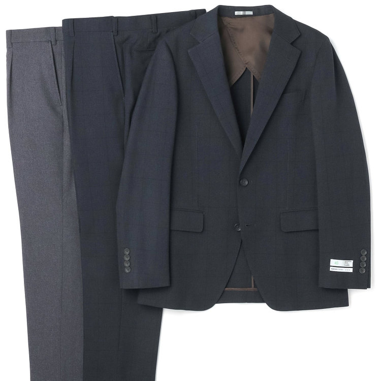 シルバーライン 【CLASSICO TAPERED】【秋冬】コーディネートパンツ付き/2釦シングルスーツ 1タック/ネイビー×グレンチェック+グレーソリッドパンツ/ウエストムーブ/4S SUSTAINABILITY&ECOLOGY FABRIC/※パンツ裾上げ済仕様 紺濃色