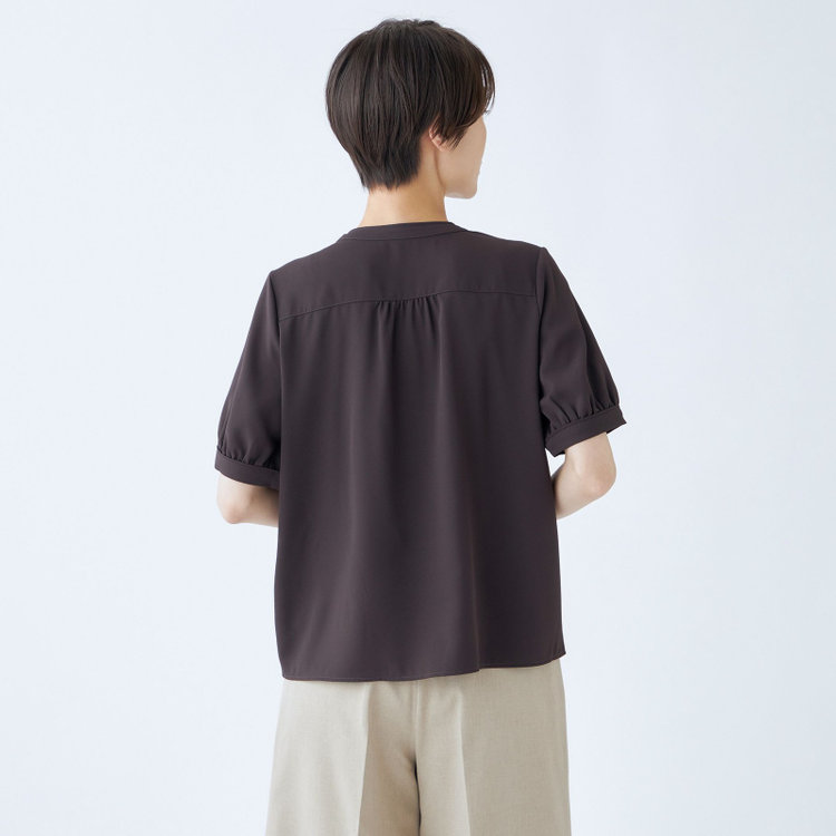 シルバーライン 【SILVER LINE/5分袖】バンドカラーブラウス/ブラウン 茶中間