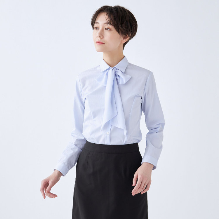 ソノタ 【SUIT SELECT×Samantha Thavasa】【長袖】リボン&フリル取り外しスキッパー/ブルー×ドビーストライプ 青淡色