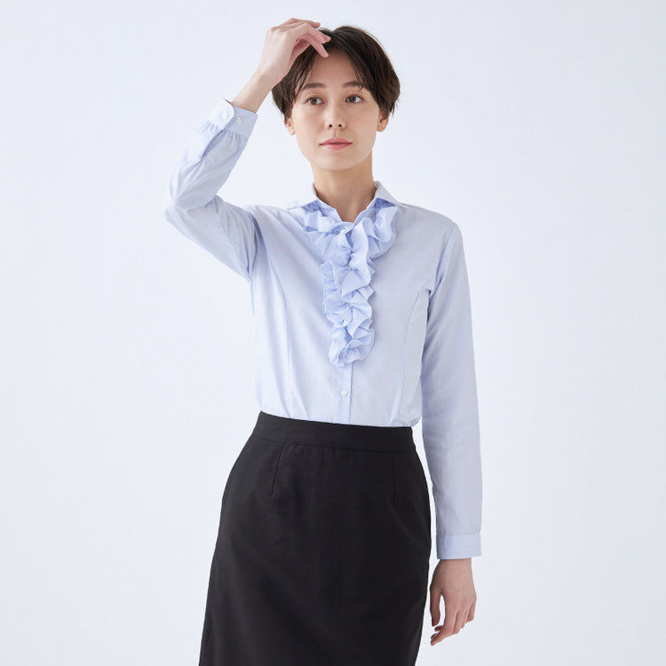 ソノタ 【SUIT SELECT×Samantha Thavasa】【長袖】リボン&フリル取り外しスキッパー/ブルー×ドビーストライプ 青淡色