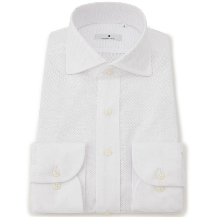 シルバーライン 【発送在庫あり】【CLASSICO TAPERED】ホリゾンタルワイドドレスワイシャツ/ホワイト×レノクロス(からみ織り) 白