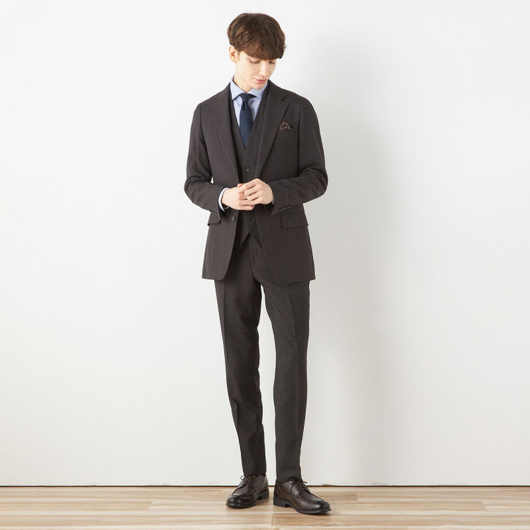 シルバーライン 【CLASSICO TAPERED】【秋冬】2釦シングルスリーピーススーツ 1タックテーパードパンツ/ブラウン×チェック/ウエストムーブ/4S SUSTAINABILITY&ECOLOGY FABRIC/※パンツ裾上げ済仕様 茶中間