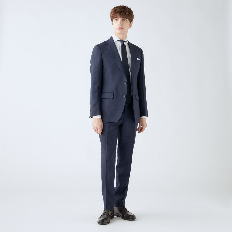 シルバーライン 【発送在庫あり】【CLASSICO TAPERED】【秋冬】2釦シングルスーツ 1タック/ネイビー×ストライプ/super extra fine merino wool Raymond/※裾上げ必要 紺中間