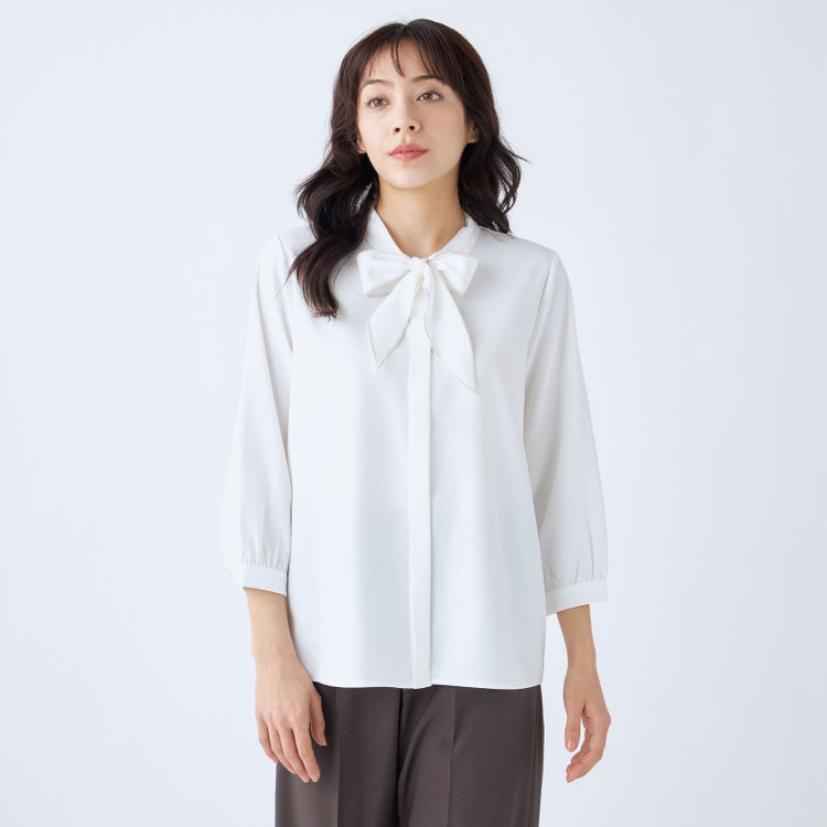 シルバーライン 【SILVER LINE/7分袖】配色メロウボウタイプルオーバー/ホワイト/「ウォッシャブル可能」「2WAYストレッチ」「防シワ」「UV加工」「接触冷感」 白