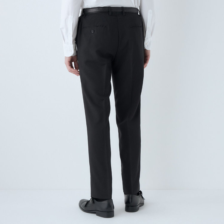 ブラックライン 【WEB限定】【発送在庫あり】【SLIM TAPERED】【年間】ウォッシャブル0タックテーパードパンツ/ブラック/ウエストシャーリング/裾上げ済仕様 黒