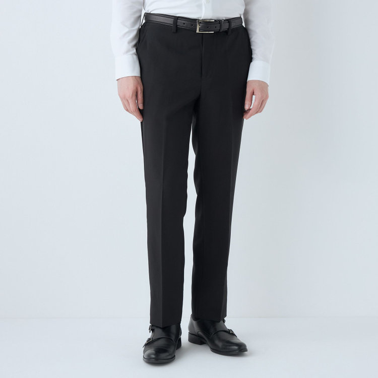 ブラックライン 【WEB限定】【発送在庫あり】【SLIM TAPERED】【年間】ウォッシャブル0タックテーパードパンツ/ブラック/ウエストシャーリング/裾上げ済仕様 黒