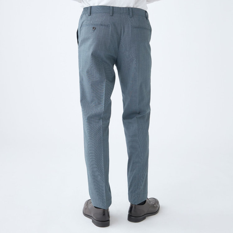 ブラックライン 【SLIM TAPERED_2】【春夏】2釦シングルスーツ 0タック/ブルー×ストライプ/ウエストシャーリング/4S SUSTAINABILITY&ECOLOGY FABRIC/ウォッシャブル/※パンツ裾上げ済仕様 緑中間