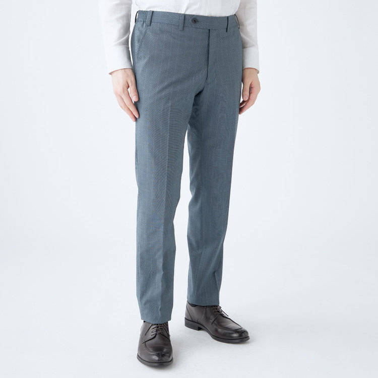 ブラックライン 【SLIM TAPERED_2】【春夏】2釦シングルスーツ 0タック/ブルー×ストライプ/ウエストシャーリング/4S SUSTAINABILITY&ECOLOGY FABRIC/ウォッシャブル/※パンツ裾上げ済仕様 緑中間