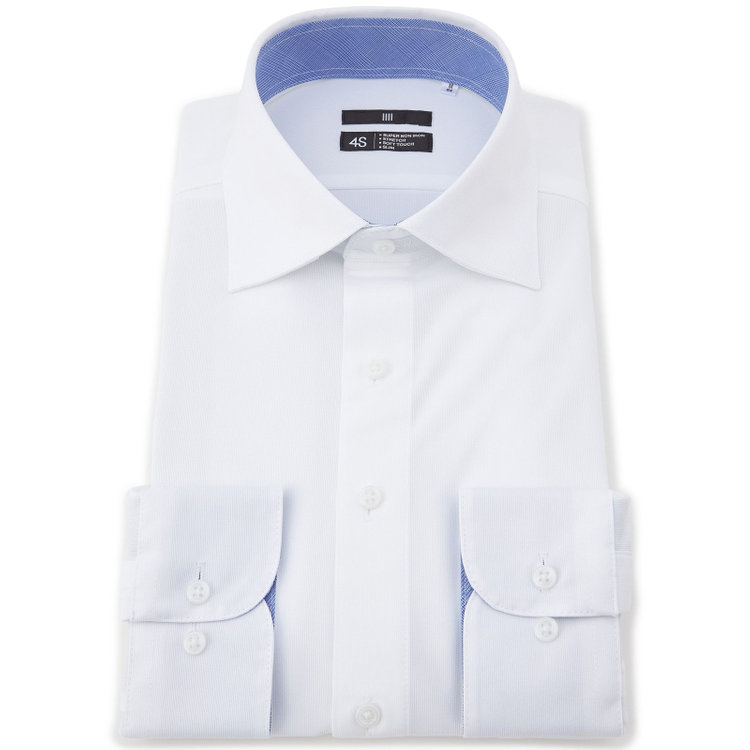 ブラックライン 【発送在庫あり】【WEB限定】【BLACK LINE】ワイドカラーワイシャツ/ホワイト×ドビー/襟袖裏別布：ブルー×プレイド/「4S」スーパーノンアイロン・ストレッチ 白